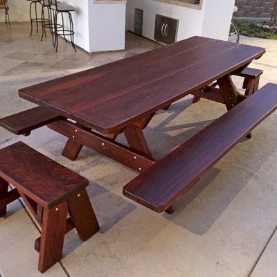 Heritage Large Wooden Picnic Table (Options: 8' L, 34 1/2" W, Side & End Benches, Attached Benches, Standard Tabletop, Rounded Corners, Standard Leg Flair, No Umbrella Hole, Coffee-Stain Premium Sealant).